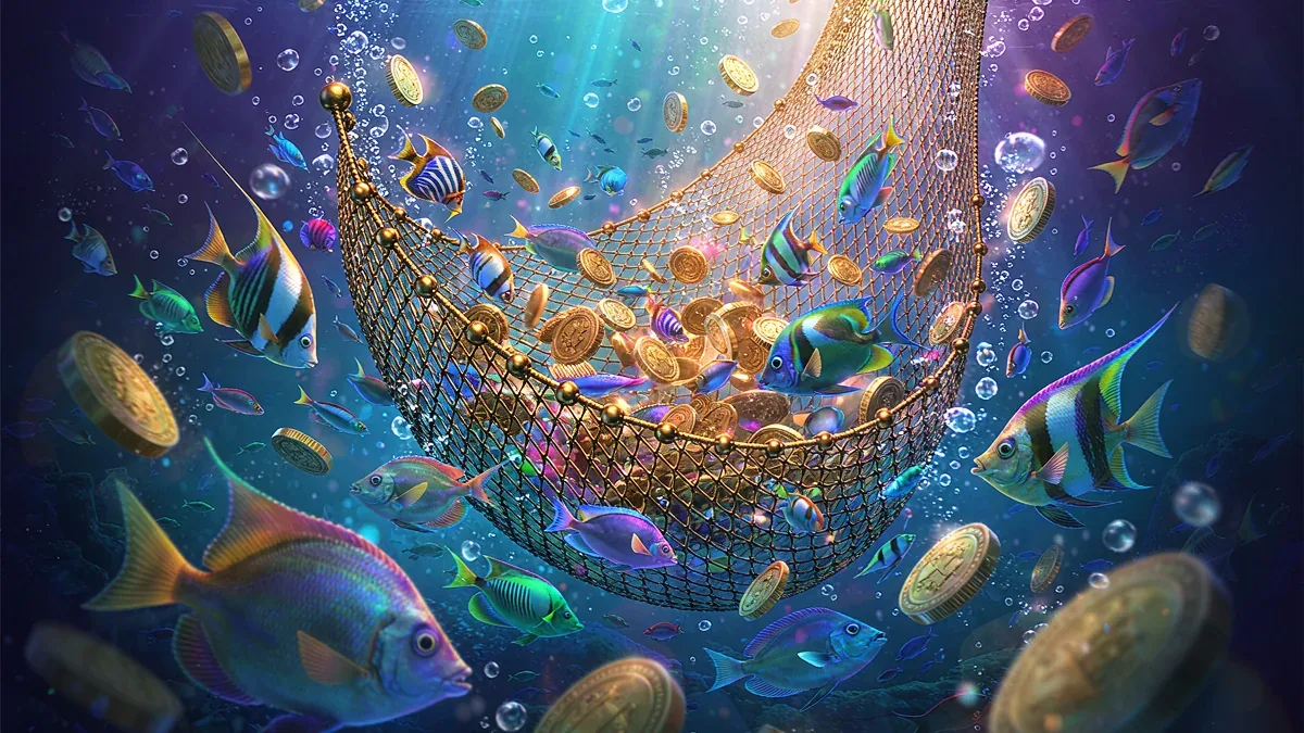 Fish and gold coins surrounding an underwater net
